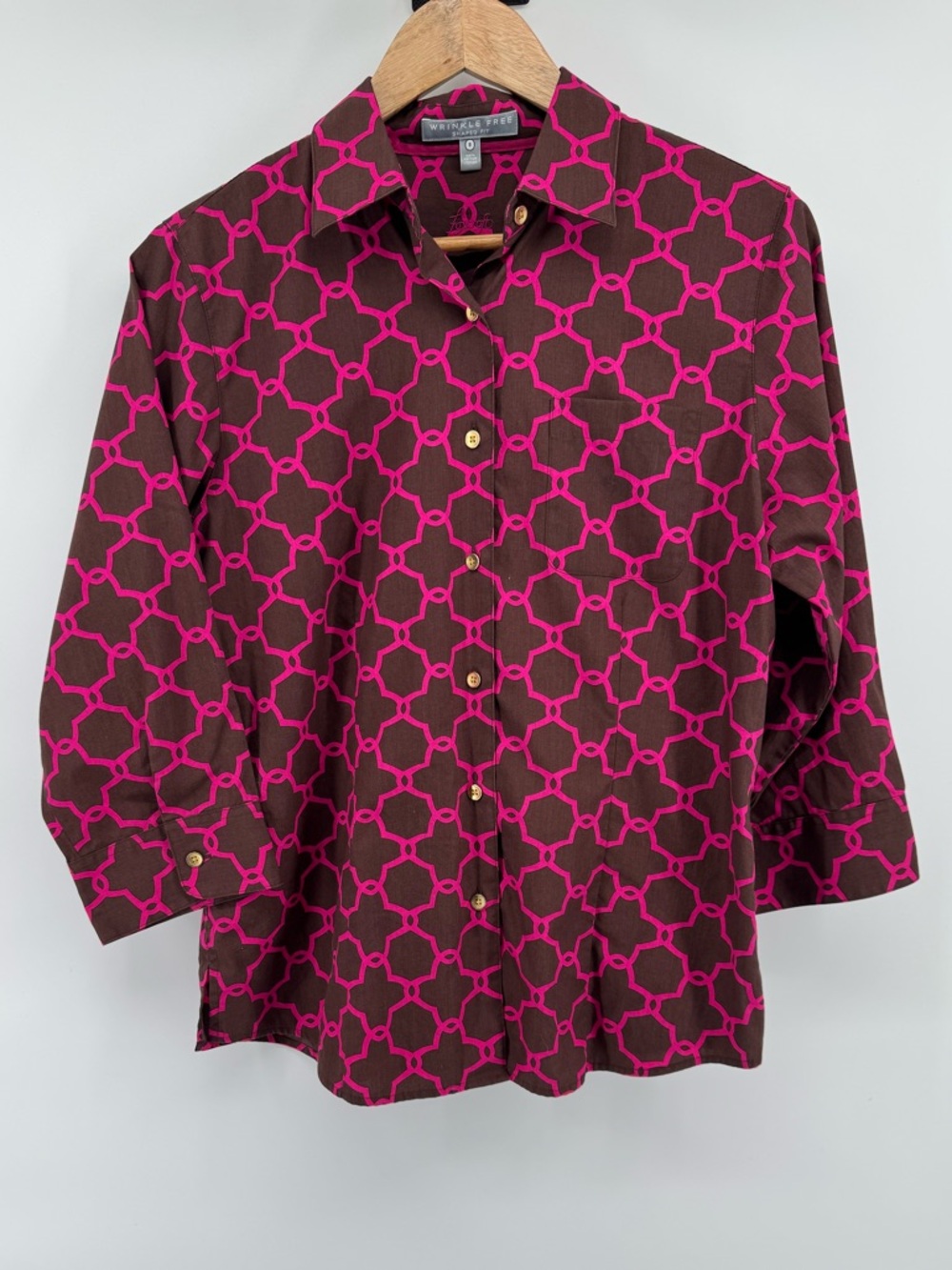 Foxcroft Brown Pink Arabesque Pattern Button Down Shirt-No Wrinkle-8 Shaped Fit